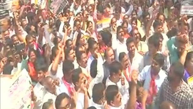 BJP workers in Bengaluru protest against recent deaths due to potholes in the city. (ANI Photo) BJP workers in Bengaluru protest against recent deaths due to potholes in the city. (ANI Photo)