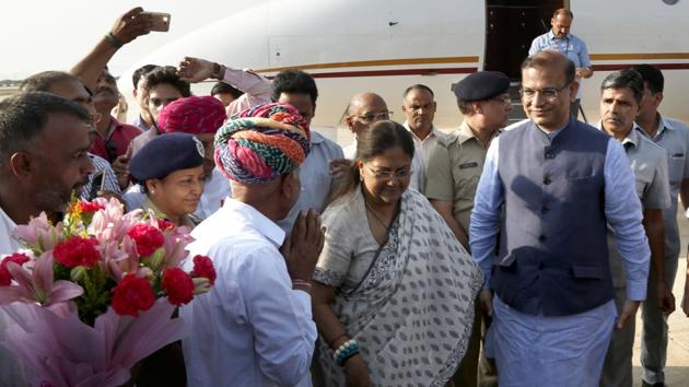 Rajasthan chief minister Vasundhara Raje with Union minister of state for civil aviation Jayant Sinha on Wednesday. (HT Photo) Rajasthan chief minister Vasundhara Raje with Union minister of state for civil aviation Jayant Sinha on Wednesday. (HT Photo)