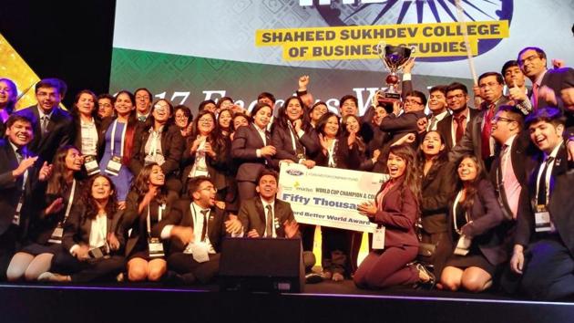 A moment from Team Enactus SSCBS’s win at the Enactus World Cup 2017, which was held in London recently.