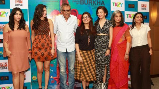 (L-R) Producer Ekta Kapoor, actor Aahana Kumra, filmmaker Prakash Jha, filmmaker Alankrita Shrivastava, actor Plabita Borthakur, Ratna Pathak and Konkona Sen Sharma during a press conference organised to promote Lipstick Under My Burkha in New Delhi on July 10, 2017. (IANS)
