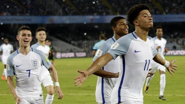 England's Jadon Sancho celebrates after scoring against Mexico in their FIFA U-17 World Cup group match in Kolkata on Wednesday. (AP) England's Jadon Sancho celebrates after scoring against Mexico in their FIFA U-17 World Cup group match in Kolkata on Wednesday. (AP)