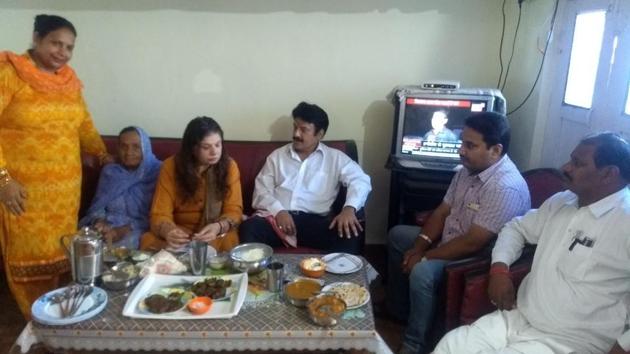 BJP candidate Swaran Salaria at his native village Chauhana near Dinangar with his family. (HT Photo) BJP candidate Swaran Salaria at his native village Chauhana near Dinangar with his family. (HT Photo)