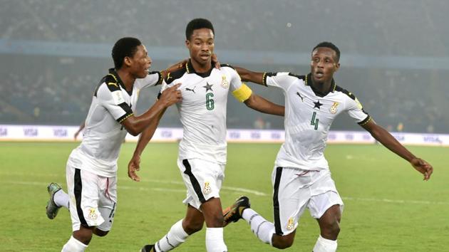 Ghana thrashed India 4-0 in their last group A match of 2017 FIFA U-17 World Cup at the Nehru Stadium in Delhi and progressed to the round of 16 along with Colombia, who defeated USA 3-1. Get highlights of India vs Ghana here.(PTI)