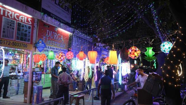 Cheap and colourful, Chinese decorative lights and lamps are available in various designs at the Sector-18 electronics market in Chandigarh.(Karun Sharma/HT)