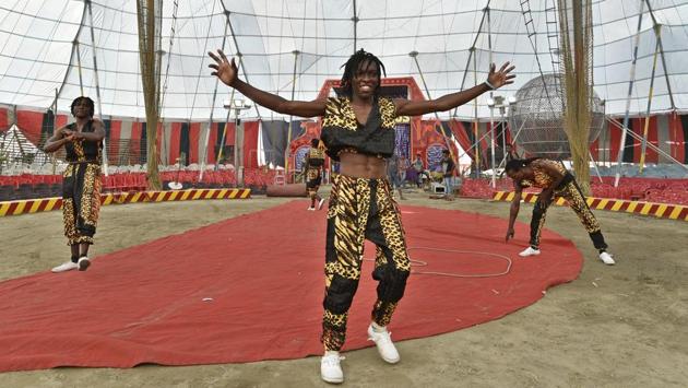 ‘We earn about Rs 25,000 a month here, which was not possible in our country,’ says Davis Mwakalu Nyale of Kenya, a gymnast at the Asiad Circus. (Sanchit Khanna / HT PHOTO)