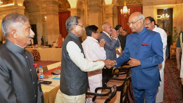 President Ram Nath Kovind greets governors during the inauguration of Conference of Governors at Rashtrapati Bhavan on Thursday. (PTI Photo)