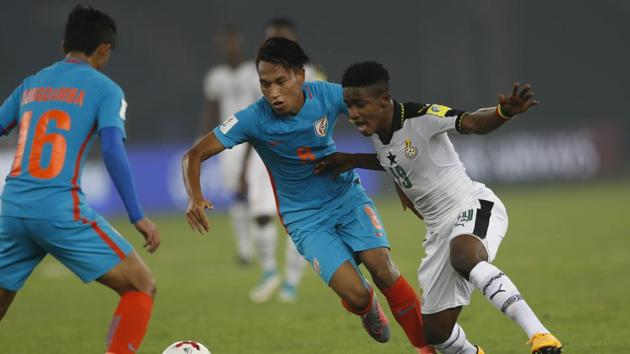 Goals from Emmanuel Toku and Richard Danston helped Ghana beat India 4-0 and qualify for the round of 16 while India were dumped out of the tournament. (AP)