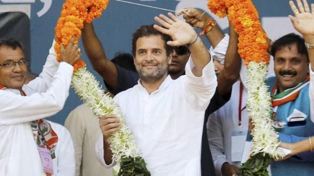 Congress party vice president Rahul Gandhi being garlanded during a public meeting at Bodeli in Chhota Udaipur district of Gujarat on Tuesday. (PTI) Congress party vice president Rahul Gandhi being garlanded during a public meeting at Bodeli in Chhota Udaipur district of Gujarat on Tuesday. (PTI)