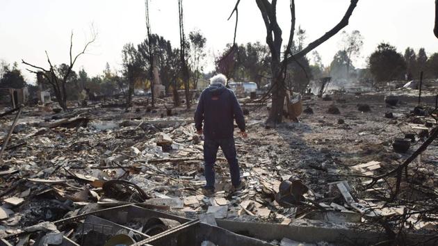 Homeowner Phil Rush looks at the remains of his home destroyed by wildfire in Santa Rosa, California, on October 11, 2017. Rush said he and his wife and dog escaped with only their medication, a bag of dog food when flames overtook their entire neighborhood on October 9. (AFP) Homeowner Phil Rush looks at the remains of his home destroyed by wildfire in Santa Rosa, California, on October 11, 2017. Rush said he and his wife and dog escaped with only their medication, a bag of dog food when flames overtook their entire neighborhood on October 9. (AFP)