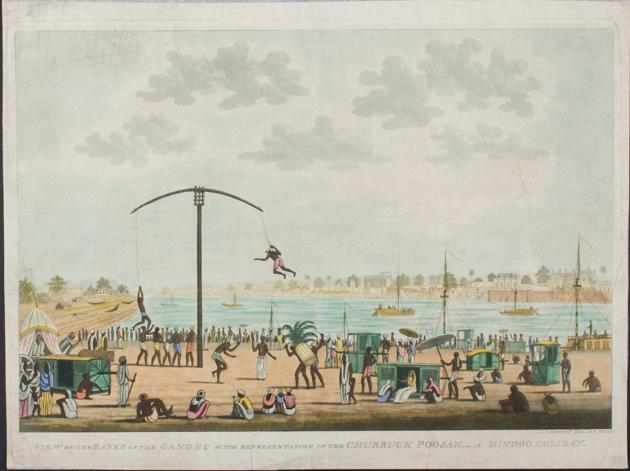 View on the Banks of the Ganges with representation of the Churruck Poojah - A Hindoo Holiday by James Moffat, 1806. (Pauline and Roy Rohatgi, CSMVS) View on the Banks of the Ganges with representation of the Churruck Poojah - A Hindoo Holiday by James Moffat, 1806. (Pauline and Roy Rohatgi, CSMVS)