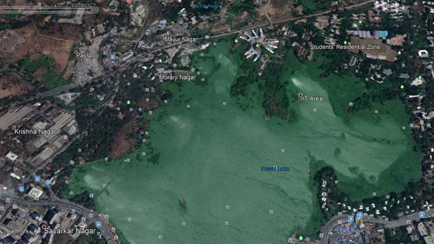 A satellite image captured in 2017 shows encroachments around Powai lake.(WATCHDOG FOUNDATION)