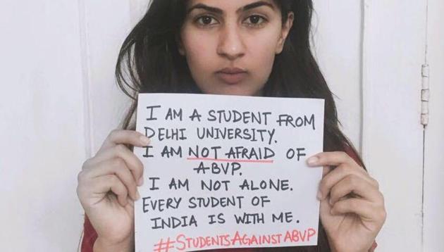 Trollled for taking on the ABVP, Delhi college girl Gurmehar Kaur has been hailed by Time magazine as a ‘free speech warrior’. (Facebook profile photo) Trollled for taking on the ABVP, Delhi college girl Gurmehar Kaur has been hailed by Time magazine as a ‘free speech warrior’. (Facebook profile photo)
