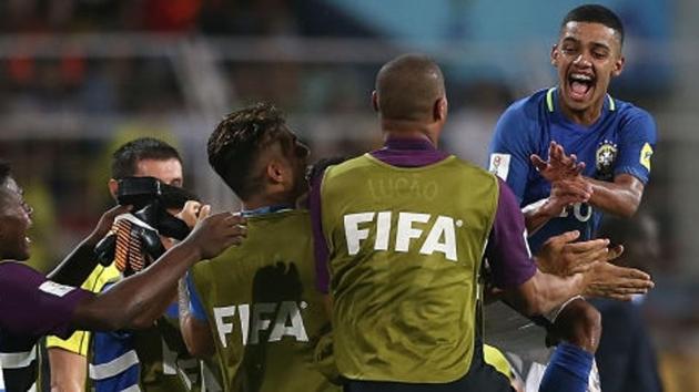 Brenner of Brazil celebrates with teammates after scoring against Niger in their FIFA U-17 World Cup Group C match at Pandit Jawaharlal Nehru Stadium in Goa on Friday. (FIFA) Brenner of Brazil celebrates with teammates after scoring against Niger in their FIFA U-17 World Cup Group C match at Pandit Jawaharlal Nehru Stadium in Goa on Friday. (FIFA)