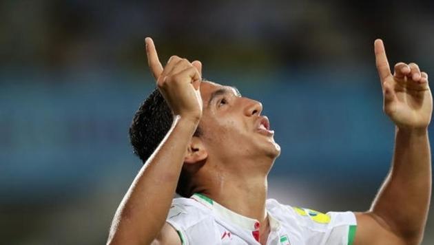 Mohammad Sardari of Iran celebrates after scoring his team’s third goal during the FIFA U-17 World Cup Group C match against Costa Rica at the Pandit Jawaharlal Nehru Stadium on Friday.(Getty Images)
