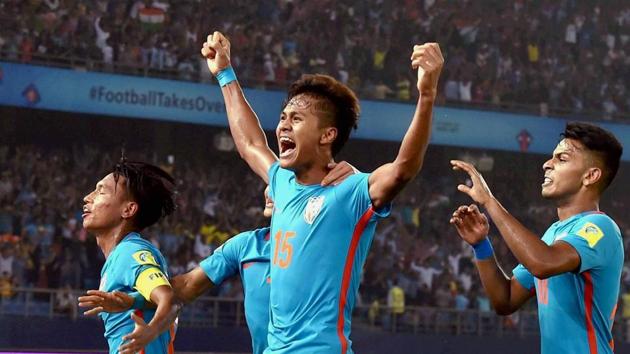 India’s Jeakson Thounaojam (c) celebrates after scoring India’s first goal during the FIFA U-17 World Cup 2017 football match against Colombia in New Delhi. (Manvender Vashist / PTI)