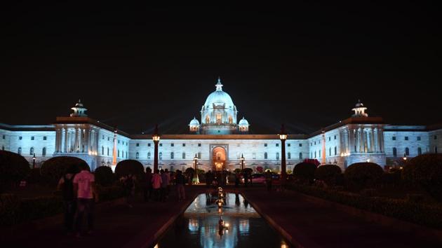 The illuminated North and South Blocks of Rashtrapati Bhavan in New Delhi. ‘The new lighting will be on show from 7 pm to 5 am all through the year with full capacity and prime time lighting from 8 pm to 9 pm,’ a ministry spokesman said. (Burhaan Kinu / HT Photo)