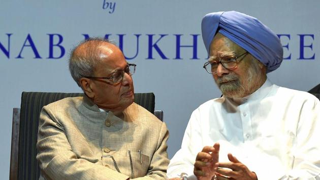Former President Pranab Mukherjee with former prime minister Manmohan Singh at the release of his book "The Coalition Years" at a function in New Delhi on Friday.(PTI Photo) Former President Pranab Mukherjee with former prime minister Manmohan Singh at the release of his book "The Coalition Years" at a function in New Delhi on Friday.(PTI Photo)