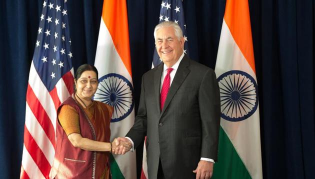 US Secretary of State Rex Tillerson meets with Indian External Affairs Minister Sushma Swaraj at the Lotte New York Palace Hotel on September 22, 2017 in New York.(AFP File Photo)
