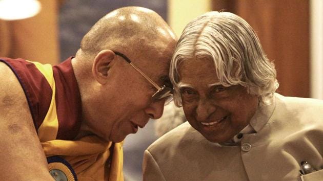 Former President APJ Abdul Kalam and Tibetan spiritual leader Dalai Lama during a ‘Peace and Harmony’ meet in 2012 to celebrate the 150th birth anniversary of Swami Vivekanand. Kalam was born on October 15, 1931 in Rameswaram, Tamil Nadu and studied physics and aerospace engineering. (Sunil Saxena / HT Photo)