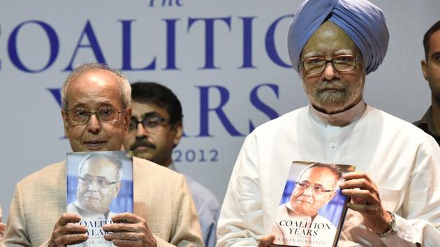 Former president Pranab Mukherjee with former prime minister Manmohan Singh on the release of Mukherjee’s autobiography ‘The Coalition Years: 1996-2012’ at Teen Murti Bhawan in New Delhi.(Sonu Mehta/HT Photo)