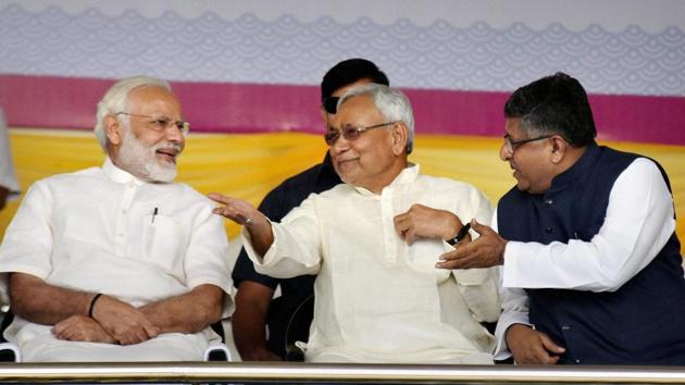 Prime Minister Narendra Modi with Bihar CM Nitish Kumar and Union minister Ravi Shankar Prasad at the centenary celebrations of Patna University in Bihar on Saturday. (PTI) Prime Minister Narendra Modi with Bihar CM Nitish Kumar and Union minister Ravi Shankar Prasad at the centenary celebrations of Patna University in Bihar on Saturday. (PTI)