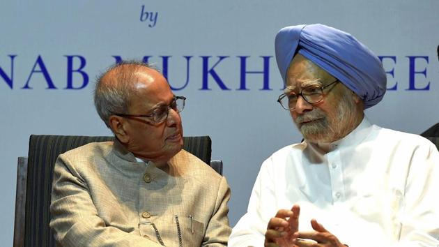 Former president Pranab Mukherjee (left) with former prime minister Manmohan Singh at the release of his book ‘The Coalition Years’ at a function in New Delhi on Friday.(PTI Photo)