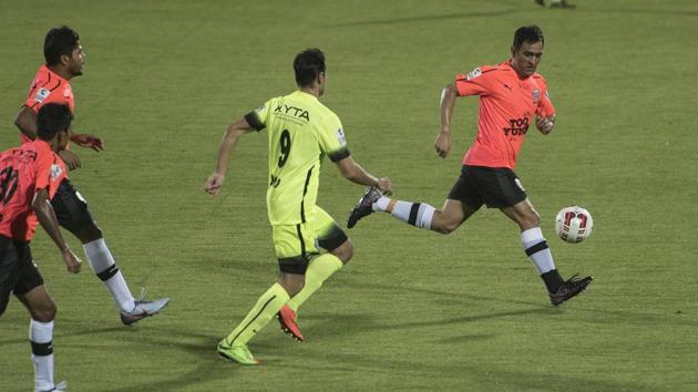 MS Dhoni scored a goal in David Beckham style as All Hearts dominated. (Satish Bate/HT Photo)