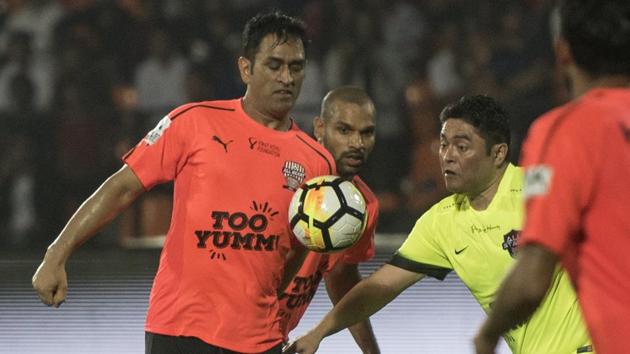 MS Dhoni was named the Man of the Match for his footballing skills. (Satish Bate/HT Photo)