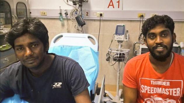 Two of the rescued crew members of the ‘Emerald Star’ in a Xiamen hospital. Officials from our Guangzhou Consulate visited the injured 11 crew members who were rescued(MEA/Twitter)