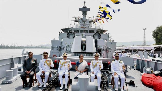 Union defence minister Nirmala Sitharaman with Chief of Naval Staff, Admiral Sunil Lanba and other dignitaries at the commissioning ceremony of INS Kiltan into the Indian Navy, at Naval Dockyard, Visakhapatnam on Monday. (PTI Photo) Union defence minister Nirmala Sitharaman with Chief of Naval Staff, Admiral Sunil Lanba and other dignitaries at the commissioning ceremony of INS Kiltan into the Indian Navy, at Naval Dockyard, Visakhapatnam on Monday. (PTI Photo)