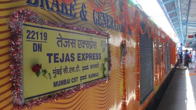 The Tejas Express, India’s first semi-high speed train, being flagged off by from CST for Goa in May 22, 2017. (Bhushan Koyande/ HT Photo) The Tejas Express, India’s first semi-high speed train, being flagged off by from CST for Goa in May 22, 2017. (Bhushan Koyande/ HT Photo)