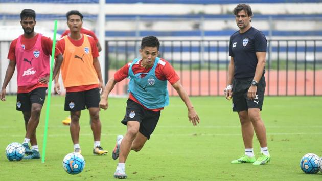 Bengaluru FC captain Sunil Chhetri during a practice session ahead of their AFc Cup match against FC Istiklol . (Bengaluru FC) Bengaluru FC captain Sunil Chhetri during a practice session ahead of their AFc Cup match against FC Istiklol . (Bengaluru FC)
