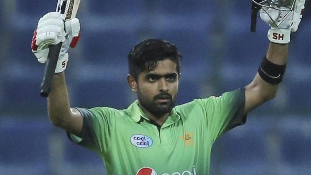 Babar Azam celebrates after he reached century-mark against Sri Lanka in the second ODI.(AP)