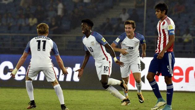 Tim Weah of USA (center) celebrates his second goal during the FIFA U-17 World Cup match against Paraguay. (Mohd Zakir/HT PHOTO) Tim Weah of USA (center) celebrates his second goal during the FIFA U-17 World Cup match against Paraguay. (Mohd Zakir/HT PHOTO)