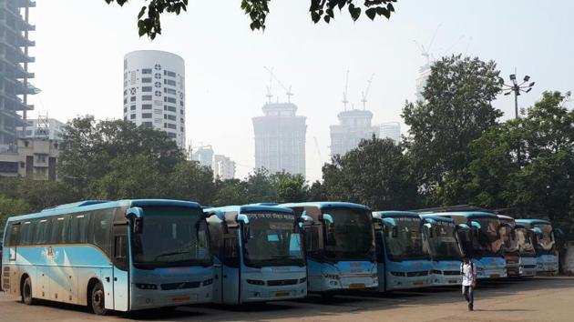 MSRTC buses lie parked at Parel depot after its workers went on indefinite strike on Tuesday. (Bhushan Koyande/HT) MSRTC buses lie parked at Parel depot after its workers went on indefinite strike on Tuesday. (Bhushan Koyande/HT)