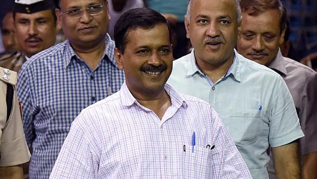 Delhi chief minister Arvind Kejriwal with deputy chief minister Manish Sisodia and health minister Satyendra Kumar Jain. AAP is in power in Delhi, the principal opposition in Punjab and polled 6.3 per cent votes in Goa in February.(Sonu Mehta/HT PHOTO)