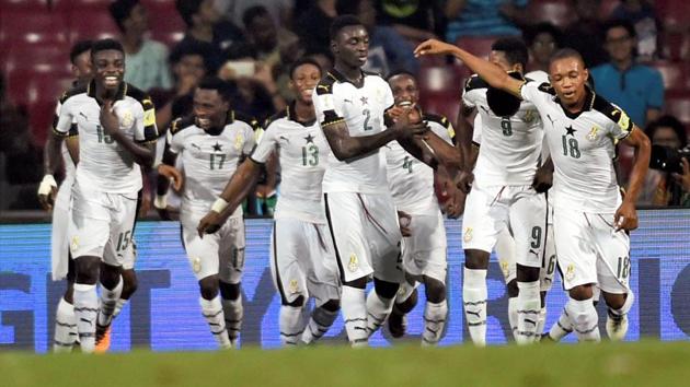 Ghana players celebrate after striking a goal during the FIFA U-17 World Cup match against Niger at DY Patil Stadium in Mumbai. (PTI)