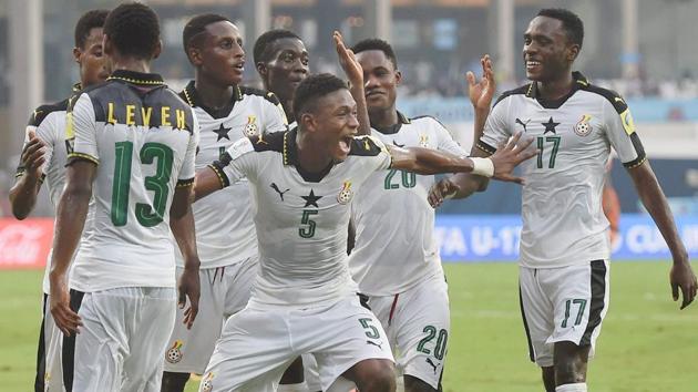 Ghana skipper Eric Ayiah celebrate after first goal against Niger. (PTI)