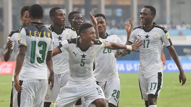 Ghana players celebrate after scoring a goal against Niger during a FIFA U-17 World Cup match at D Y Patil Stadium in Navi Mumbai. (PTI)