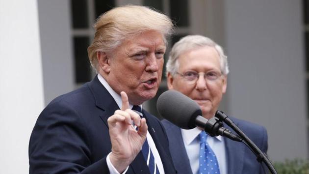 US President Donald Trump speaks to the media with US Senate Majority Leader Mitch McConnell at his side in the Rose Garden of the White House in Washington, October 16, 2017. (REUTERS) US President Donald Trump speaks to the media with US Senate Majority Leader Mitch McConnell at his side in the Rose Garden of the White House in Washington, October 16, 2017. (REUTERS)