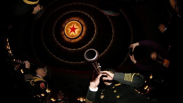Military band members prepare before the National Congress in Beijing. Xi’s report will outline the party’s priorities over the next five years. It will then be studied during the Congress, though it is widely expected to be accepted and implemented by delegates without challenge. Delegates, representing an estimated 90 million party members nationwide, will also elect about 200 members to the CCP’s Central Committee. (Jason Lee / REUTERS)