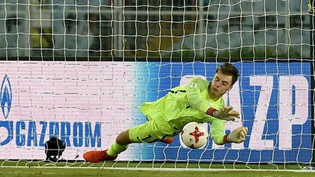 England U-17 national football team goalkeeper Curtis Anderson saves a Japanese player Hinata Kida’s penalty shot during the tiebreaker shootout of their FIFA U-17 World Cup pre-quarterfinal match in Kolkata on Tuesday. (PTI) England U-17 national football team goalkeeper Curtis Anderson saves a Japanese player Hinata Kida’s penalty shot during the tiebreaker shootout of their FIFA U-17 World Cup pre-quarterfinal match in Kolkata on Tuesday. (PTI)