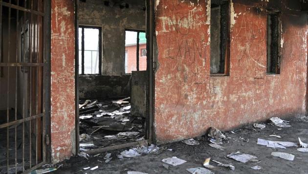 A government school in Gori Pora in Budgam, Jammu and Kashmir, was burnt down in October 2016. (Waseem Andrabi / Hindustan Times) A government school in Gori Pora in Budgam, Jammu and Kashmir, was burnt down in October 2016. (Waseem Andrabi / Hindustan Times)