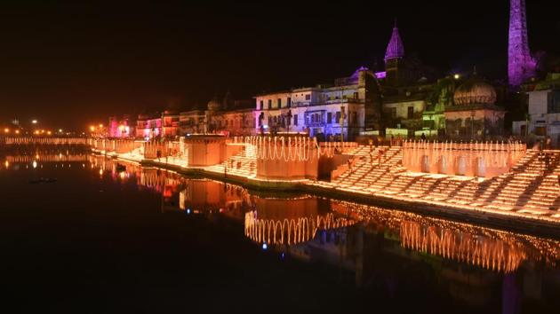 The 187,213 earthen lamps lit at Ram Ki Paidi on the bank of the Saryu in Ayodhya on Wednesday. (Deepak Gupta / HT Photo) The 187,213 earthen lamps lit at Ram Ki Paidi on the bank of the Saryu in Ayodhya on Wednesday. (Deepak Gupta / HT Photo)