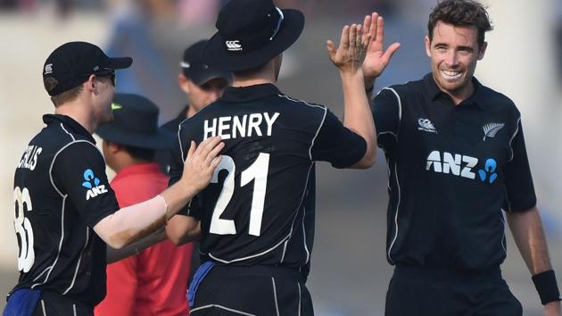New Zealand bowler Tim Southee (R) celebrates with teammates after taking the wicket of Indian Board President’s XI batsman Karn Sharma during the second warm-up encounter in Mumbai. (AFP) New Zealand bowler Tim Southee (R) celebrates with teammates after taking the wicket of Indian Board President’s XI batsman Karn Sharma during the second warm-up encounter in Mumbai. (AFP)