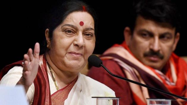 External affairs minister Sushma Swaraj at a Delhi BJP programme in New Delhi in June 2017. (PTI File Photo) External affairs minister Sushma Swaraj at a Delhi BJP programme in New Delhi in June 2017. (PTI File Photo)
