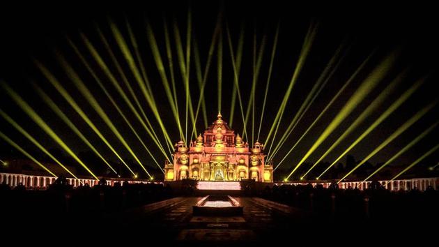 Swaminarayan Akshardham temple illuminated with laser lights as a part of Diwali celebrations in Gandhinagar. (PTI)