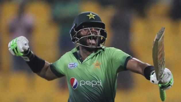 Pakistan cricket team's Imam-ul-Haq, nephew of Inzamam-ul-Haq, celebrates after completing his century during the third ODI against Sri Lanka cricket team in Abu Dhabi, UAE, on Wednesday. (AP) Pakistan cricket team's Imam-ul-Haq, nephew of Inzamam-ul-Haq, celebrates after completing his century during the third ODI against Sri Lanka cricket team in Abu Dhabi, UAE, on Wednesday. (AP)