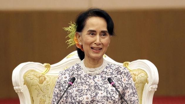 Myanmar's state counsellor Aung San Suu Kyi smiles during a ceremony to accept cash provided by private donors for development tasks in Rakhine state at the National Reconciliation and Peace Centre in Naypyitaw on October 20, 2017. (AP) Myanmar's state counsellor Aung San Suu Kyi smiles during a ceremony to accept cash provided by private donors for development tasks in Rakhine state at the National Reconciliation and Peace Centre in Naypyitaw on October 20, 2017. (AP)
