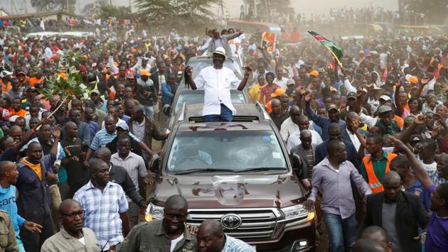 Kenyan opposition leader Raila Odinga, the presidential candidate of the National Super Alliance (NASA) coalition, arrives for a political rally at the Kamukunji grounds in Nairobi, Kenya on October 18, 2017. Kenya’s Supreme Court nullified President Uhuru Kenyatta’s August re-election, citing illegalities and irregularities, and ordered a fresh election. (Baz Ratner / REUTERS)